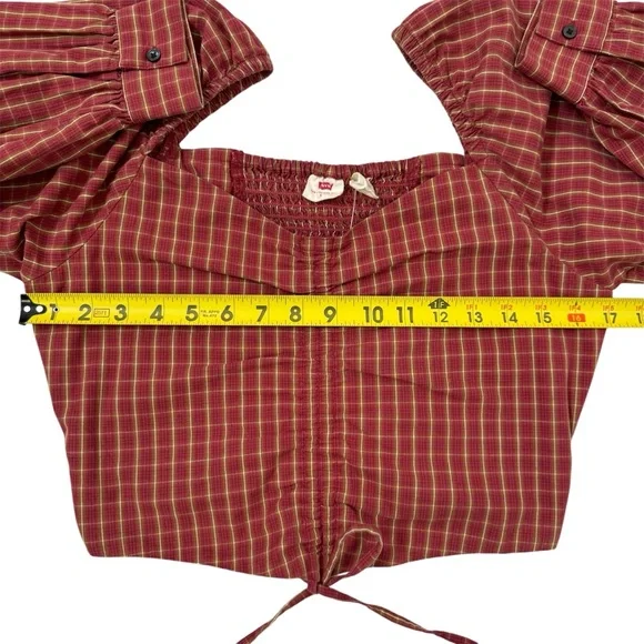 Levis Plaid Crop Blouse Devin Puff Sleeve Top Western Country Red SZ Small - Picture 15 of 16